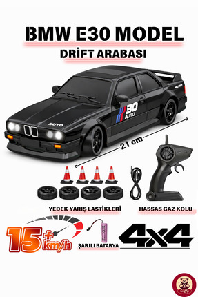 giffy Oyuncak BMW E30 Drift Araba 4x4 Uzaktan Kumandalı Araba 2.4GHz Şarjlı L...