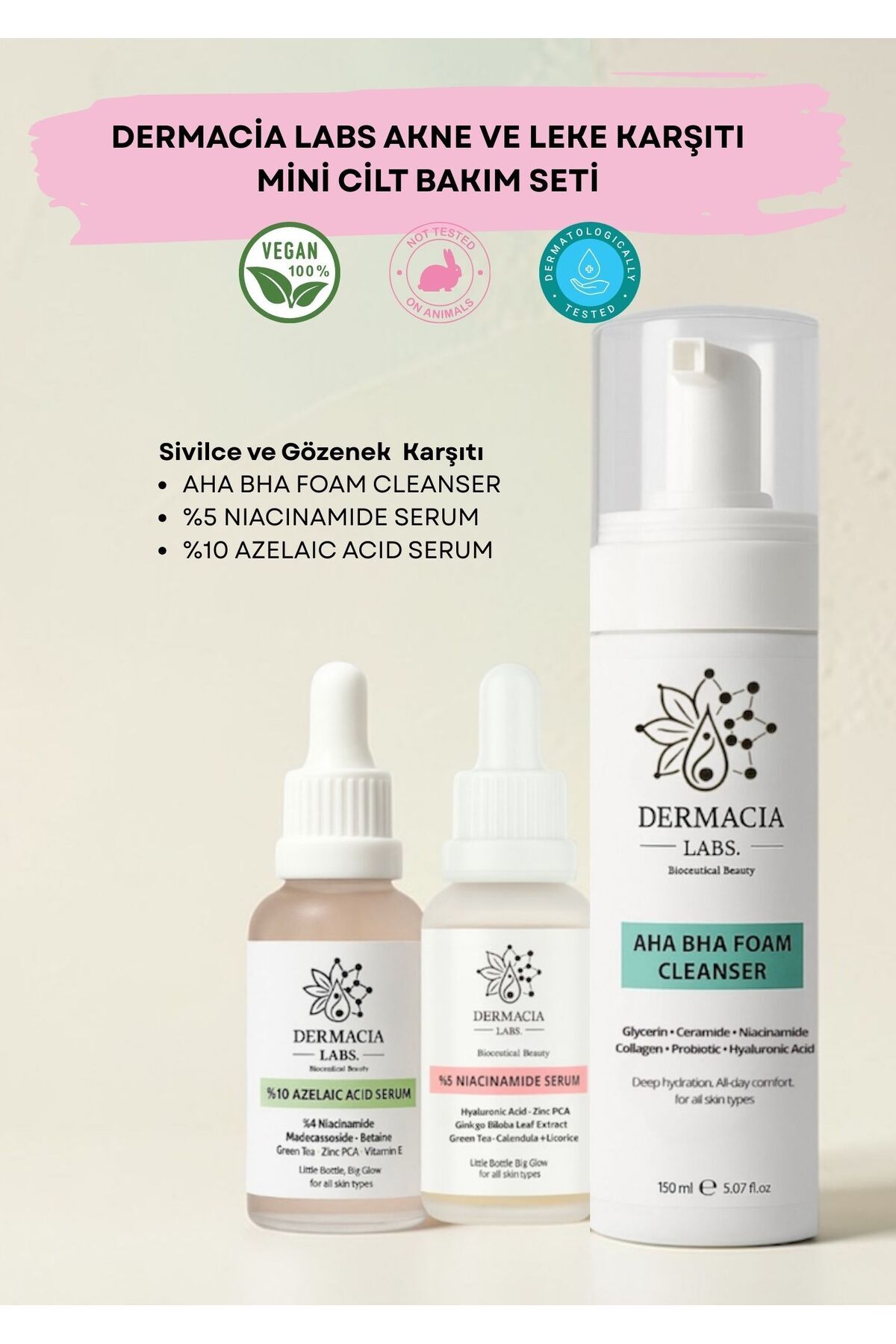 Dermacia Labs Bioceuticals Beauty Leke ve Gözenek Karşıtı Mini Cilt Bakım Seti, %10 Azelaik+%5 Niacinamide+AHA Köpük — DL-AKLESET3
