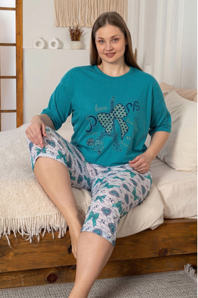 Farya Home Büyük Beden Pamuklu Desenli Kısa Kollu Bermuda Kapri Pijama Takımı