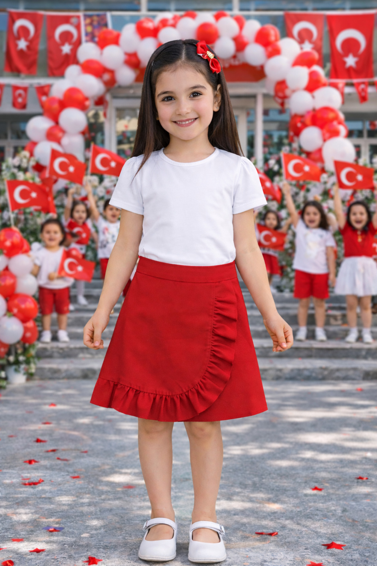 HER ŞEY NOTA www.herseynota.com  Kız Çocuk Kırmızı Şort Etek – Okul Gösteri ve Etkinlik Şort Etek 5-13 Yaş