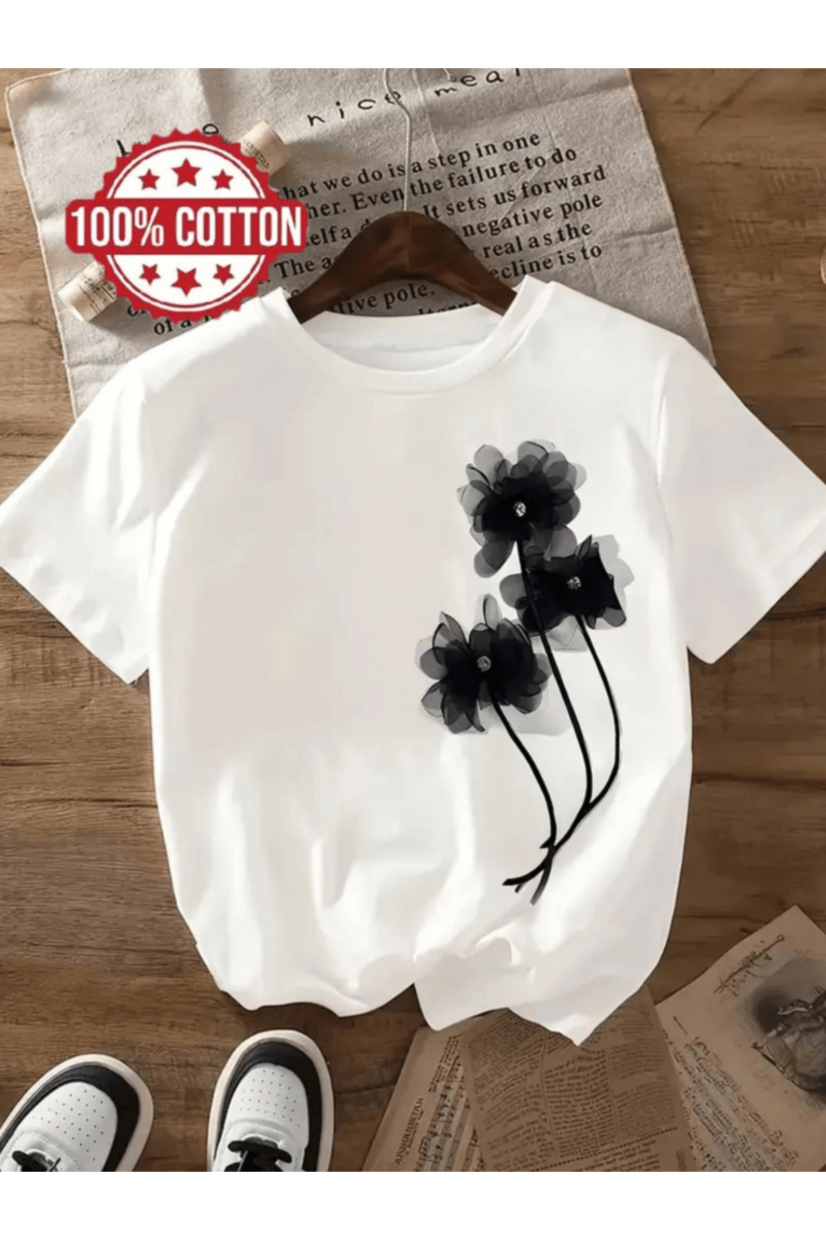 gencerco 3 Τεμάχια Μαύρο Υπερμεγέθες T-Shirt με Στάμπα Λουλουδιών, Πολυτελείας