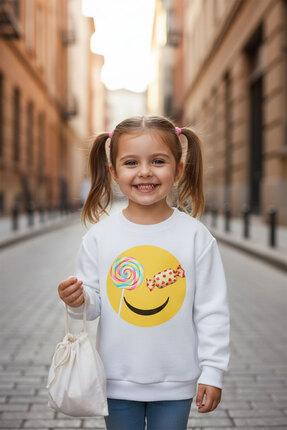 evavi Kız Çocuk Şeker Baskılı Bisiklet Yaka Beyaz Sweatshirt
