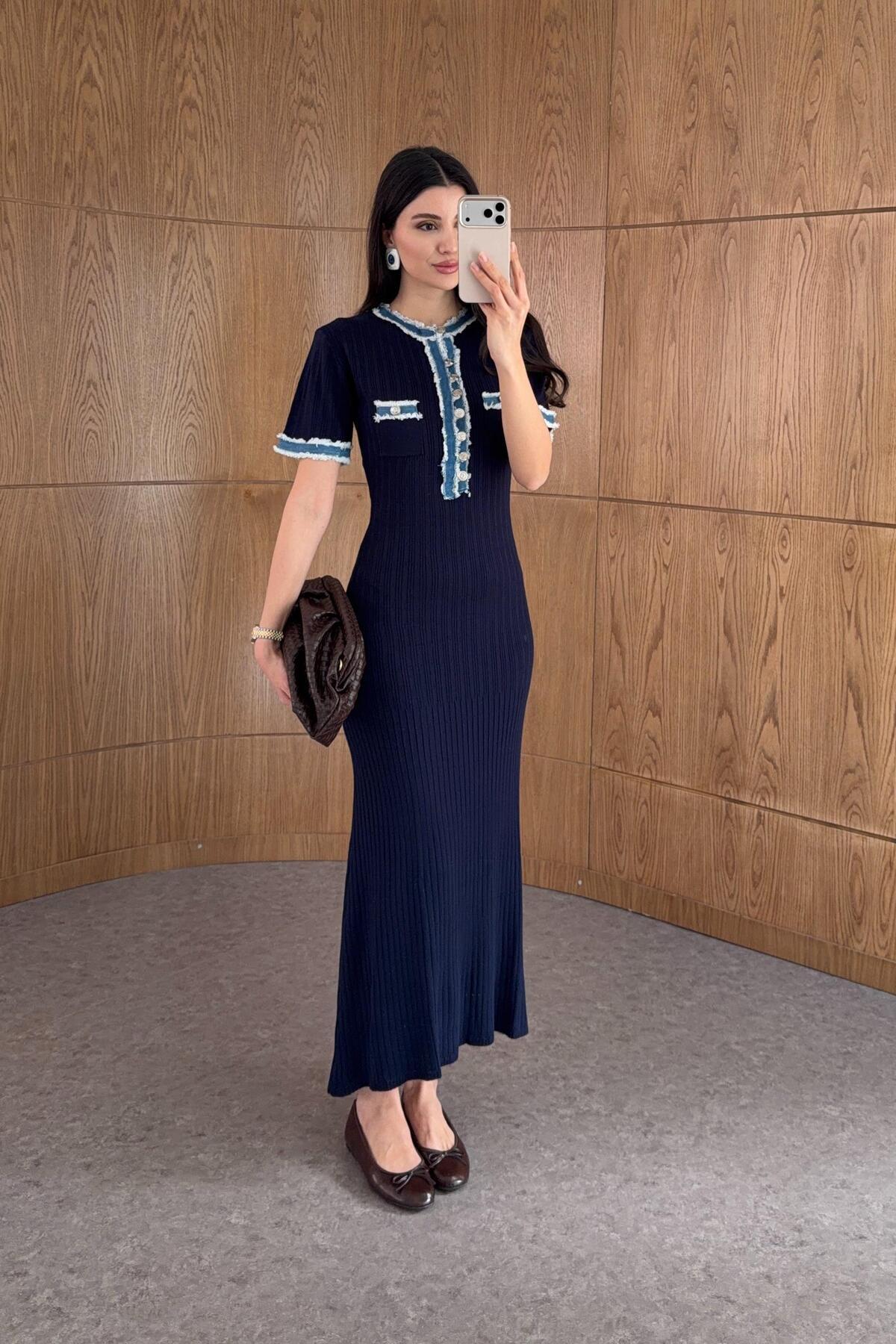 HAZELANNA  Denim Garnili Triko Elbise - Görsel 2