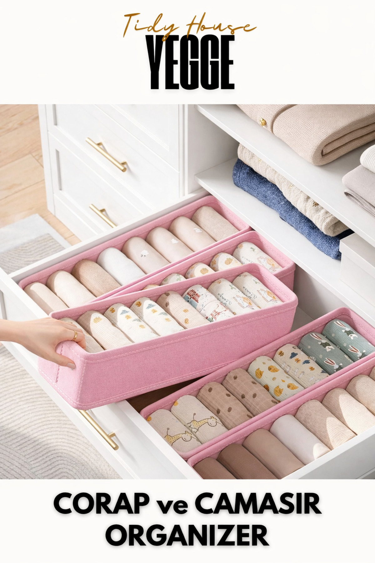 4-Piece Drawer and In-Wardrobe Organizer, Shelf Organizer, Pink Socks and Laundry Scarf Organizer Box