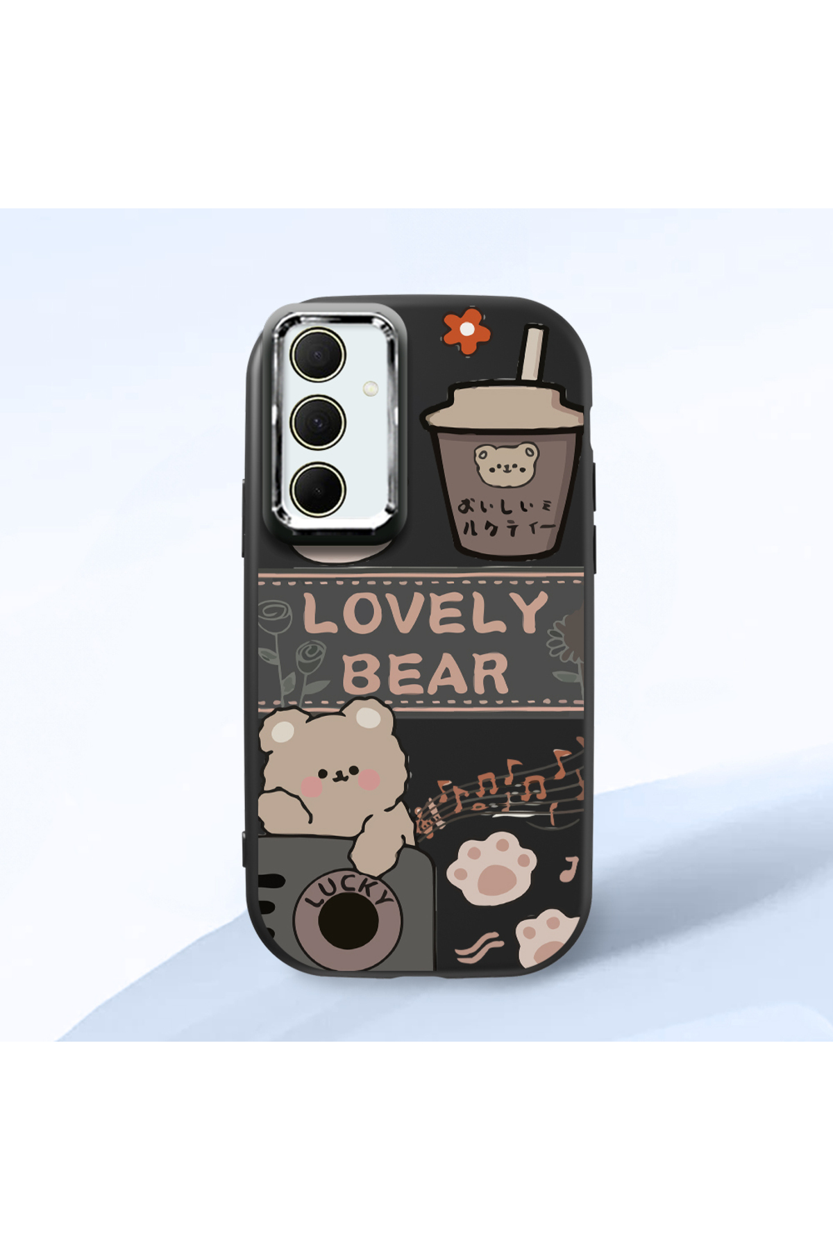 Samsung Galaxy A35 Compatible Black Soft Silicone Phone Case with Camera Protection Cute Bear Pattern