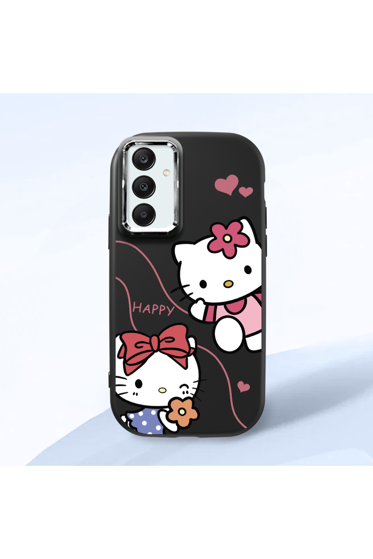 Black Soft Silicone Phone Case with Camera Protection for Samsung Galaxy A25 Hello Kitty Pattern