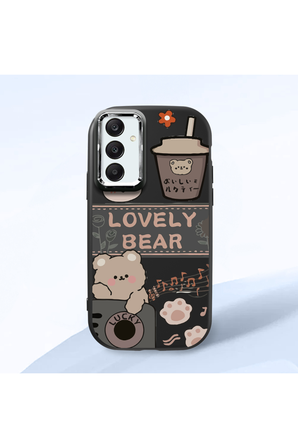 Samsung Galaxy A25 Compatible Black Soft Silicone Phone Case with Camera Protection Cute Bear Pattern