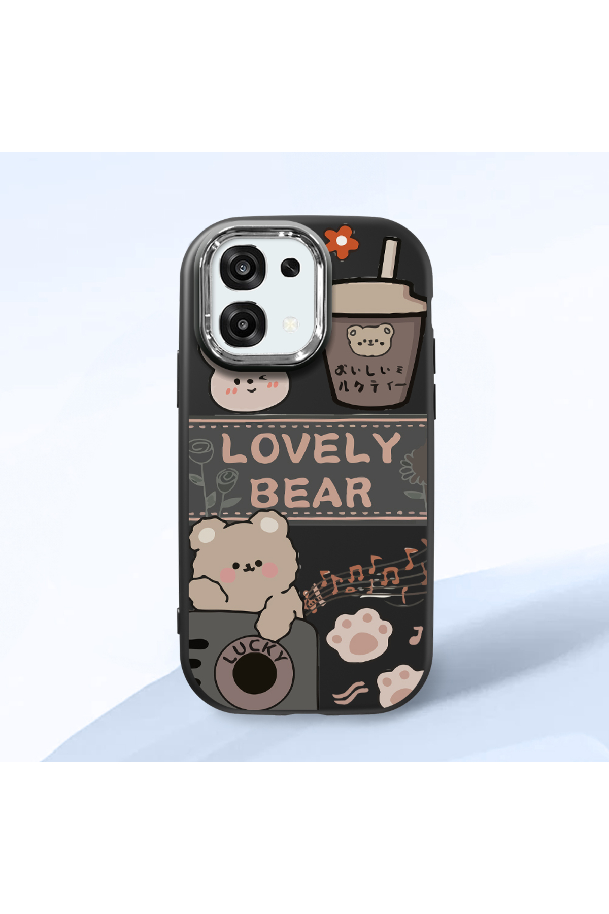 OPPO A6 Pro Compatible Black Soft Silicone Phone Case with Camera Protection Cute Bear Pattern