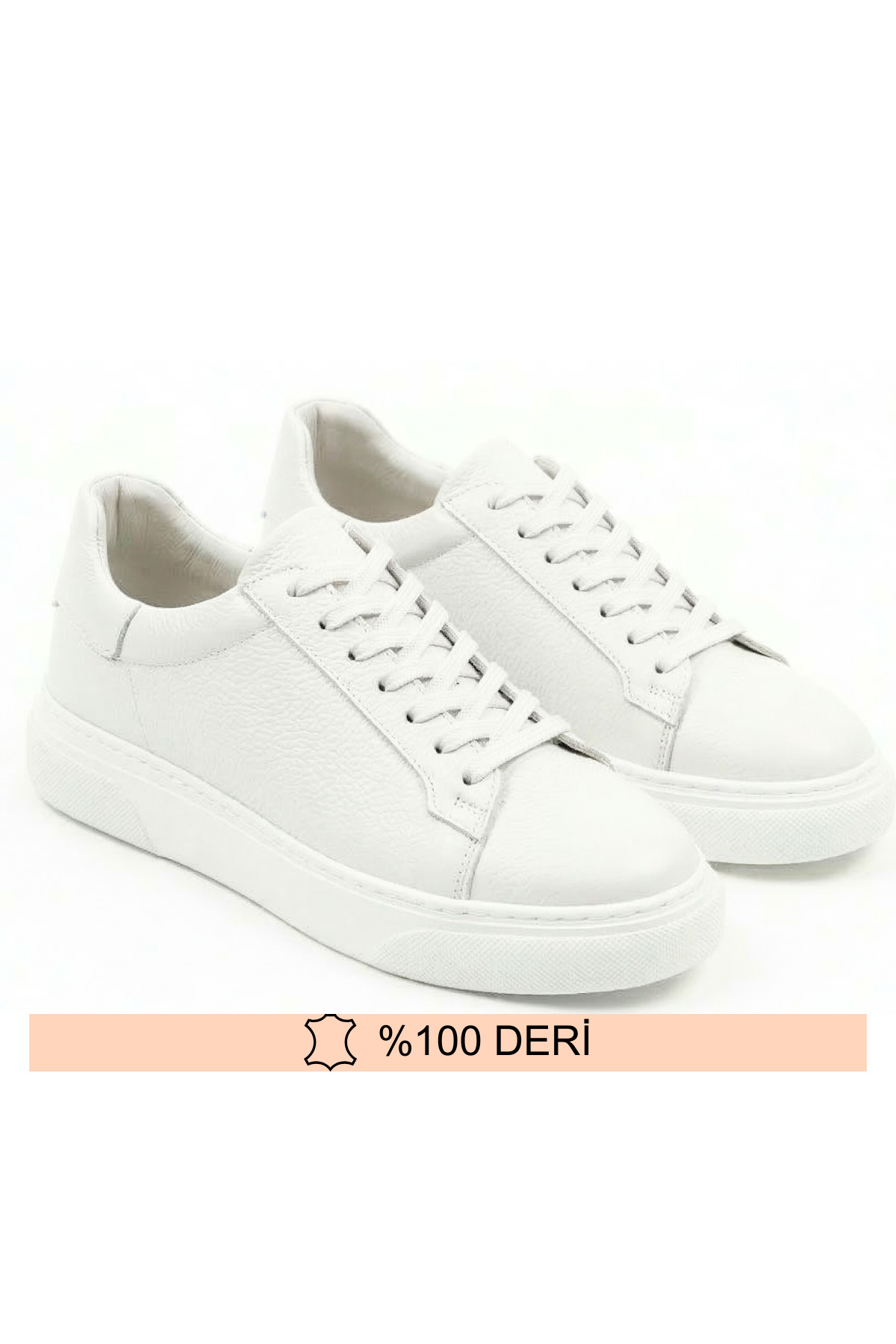 Men's White Inner Outer Genuine Leather Lace-Up Sneaker Shoes