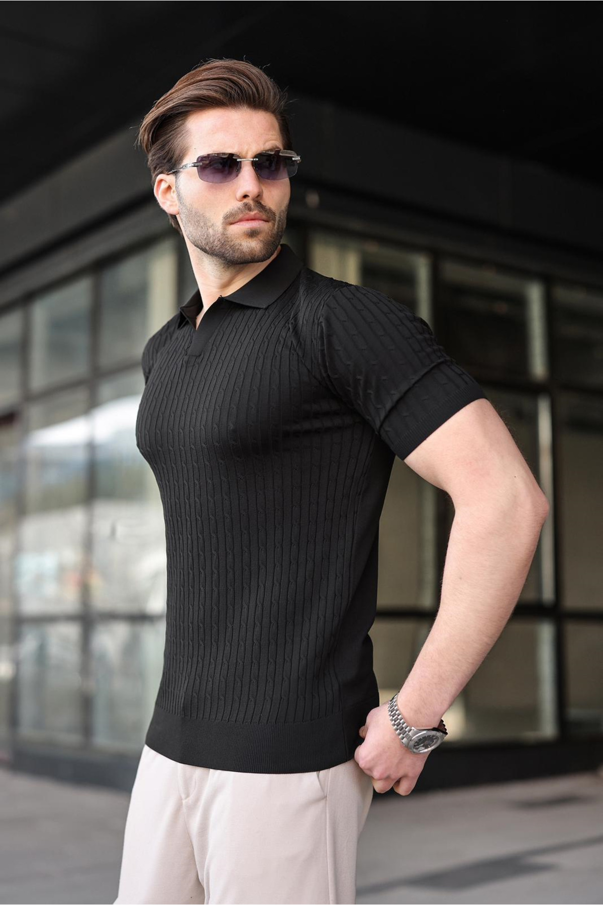 Madmext Black Slim Fit Polo Collar Knitwear Men's T-Shirt E7472