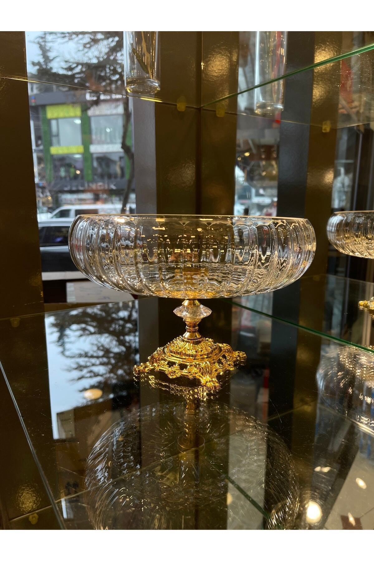 alfafe home Lotus Crystal 24 Cm Cut Decorative Gold Stand Salad Bowl Glass Presentation and Serving Plate
