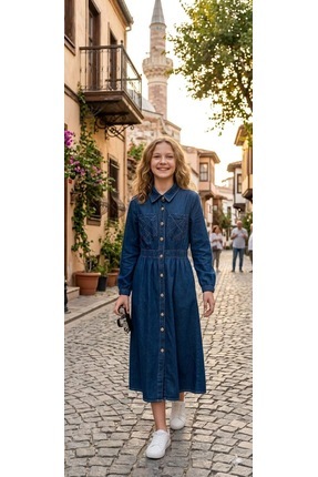 hisarpretty Kız Çocuk Belden Büzgülü Önden Düğmeli Maxi Boy Jean Elbise