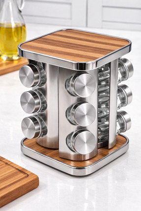 MAKRİ HOME 12’li Ahşap Krom Kare Döner Baharatlık, 360° Paslanmaz Stantlı, 11...