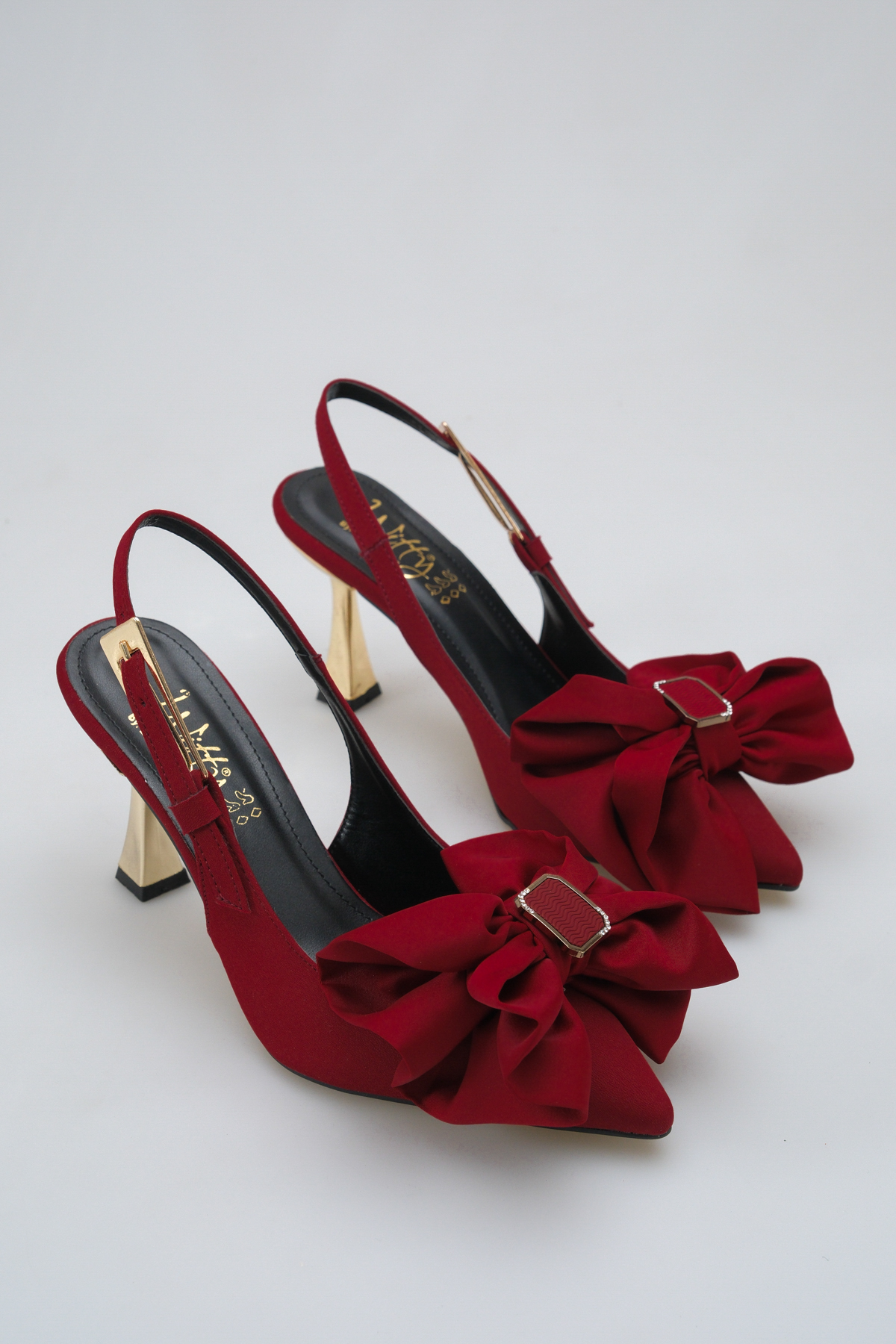 Stylish Women's Stiletto with Open Back Special Design Heels and Bowknots and Side Gold Buckle