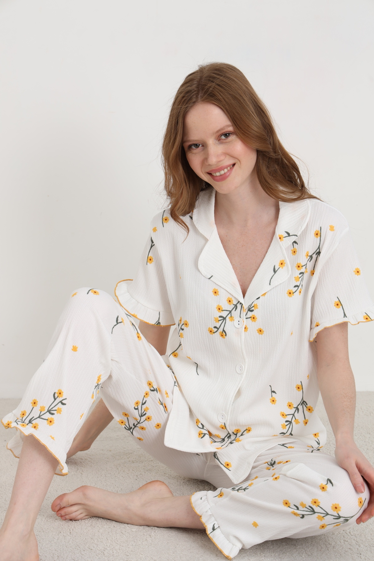 ELİTOL  Bürümcük Örme Kısa Kol Kadın Düğmeli Pijama Takımı - Görsel 3