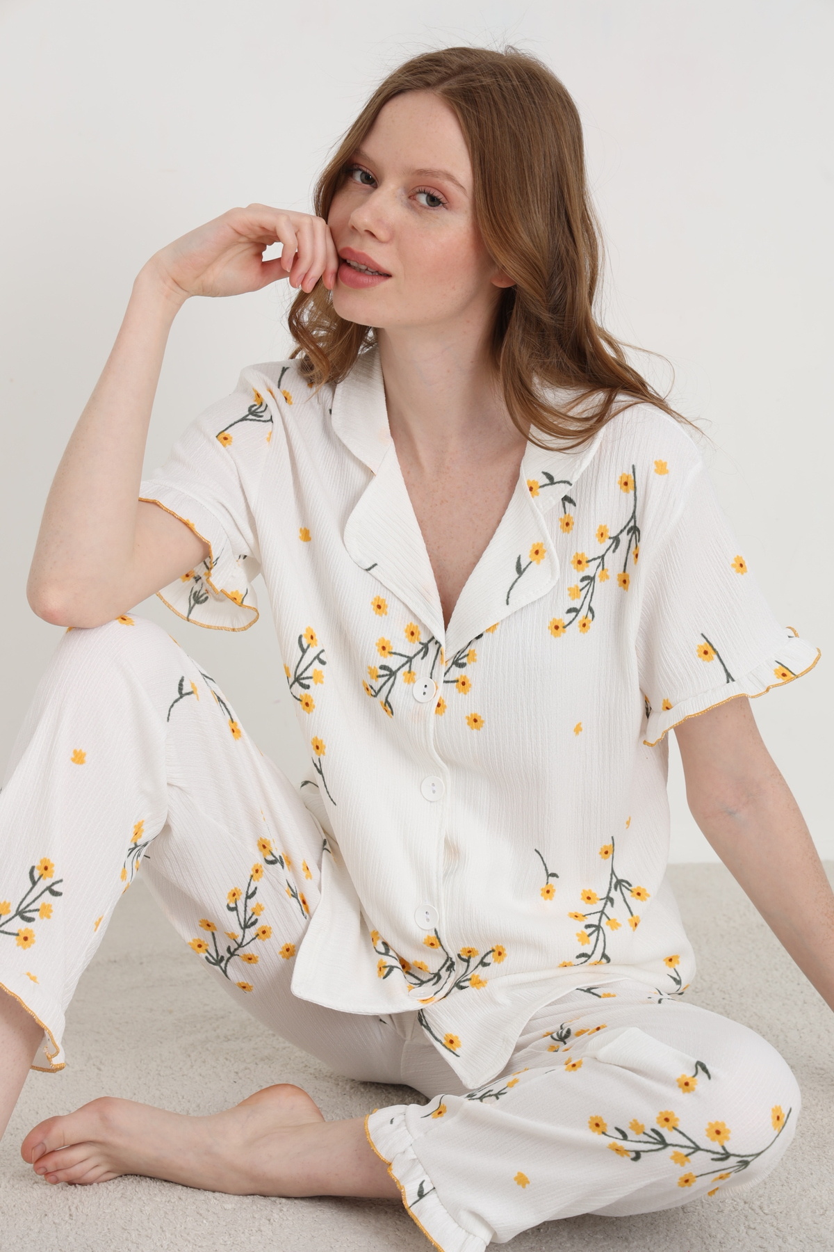 ELİTOL  Bürümcük Örme Kısa Kol Kadın Düğmeli Pijama Takımı