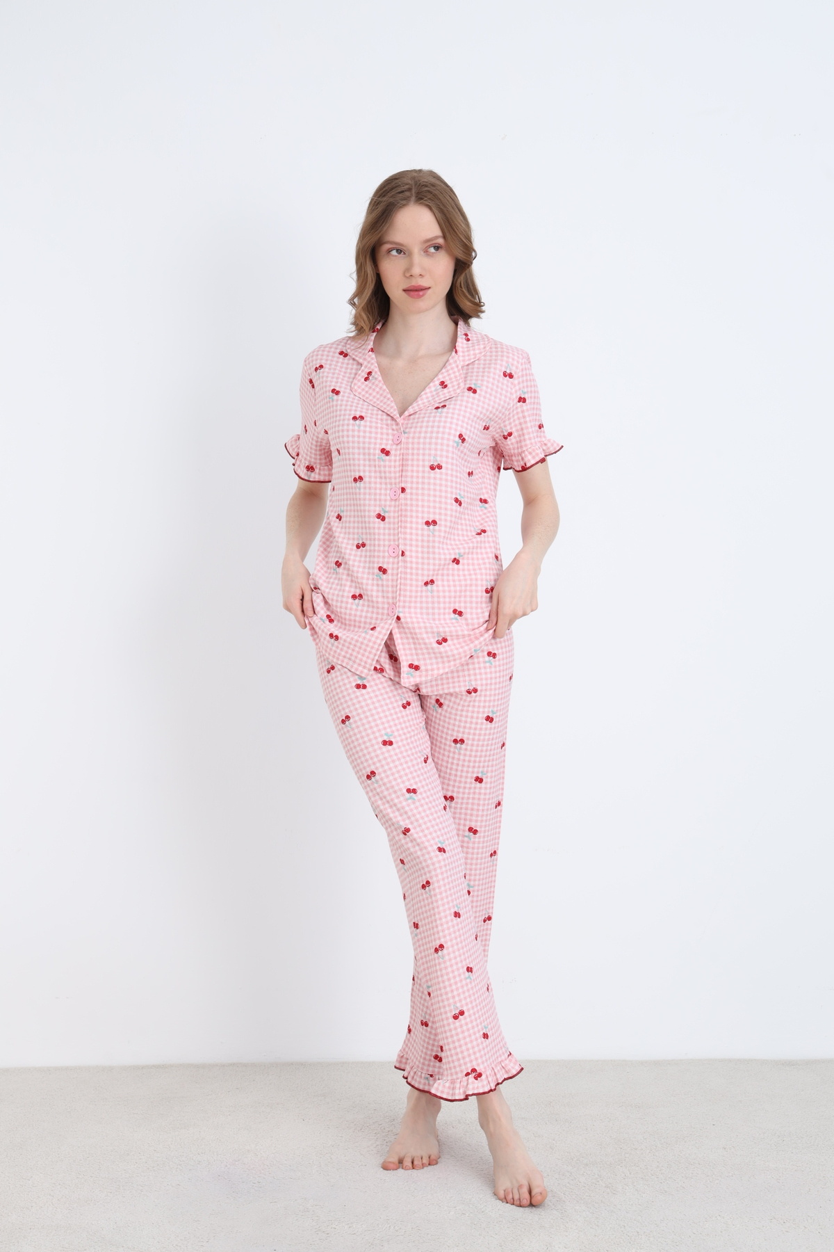 ELİTOL  Bürümcük Örme Kısa Kol Kadın Düğmeli Pijama Takımı - Görsel 4