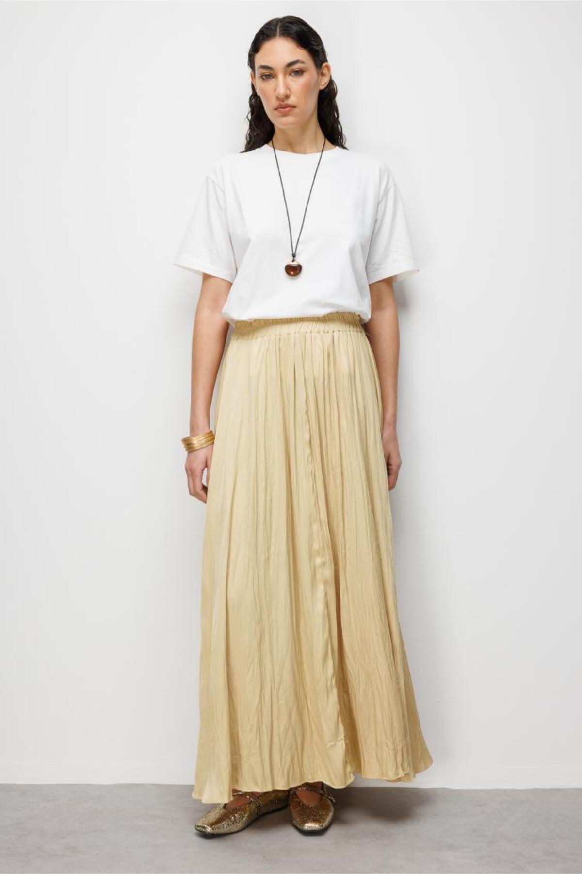 Yellow Wrinkle-Looking Satin Maxi Skirt