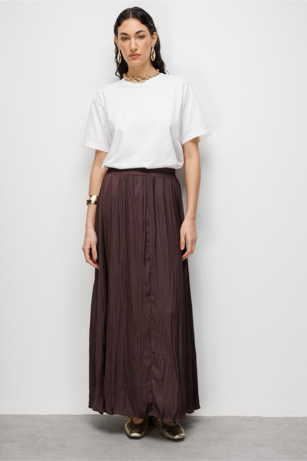 Brown Wrinkle-Looking Satin Maxi Skirt