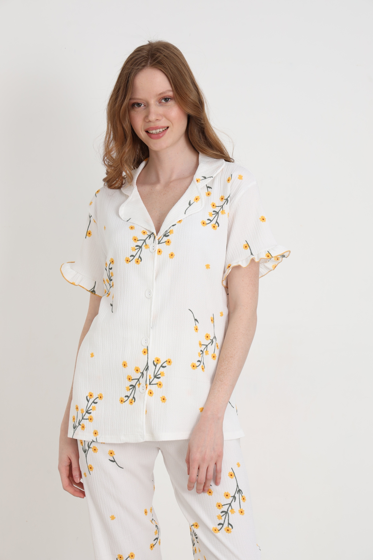 ELİTOL  Bürümcük Örme Kısa Kol Kadın Düğmeli Pijama Takımı - Görsel 2