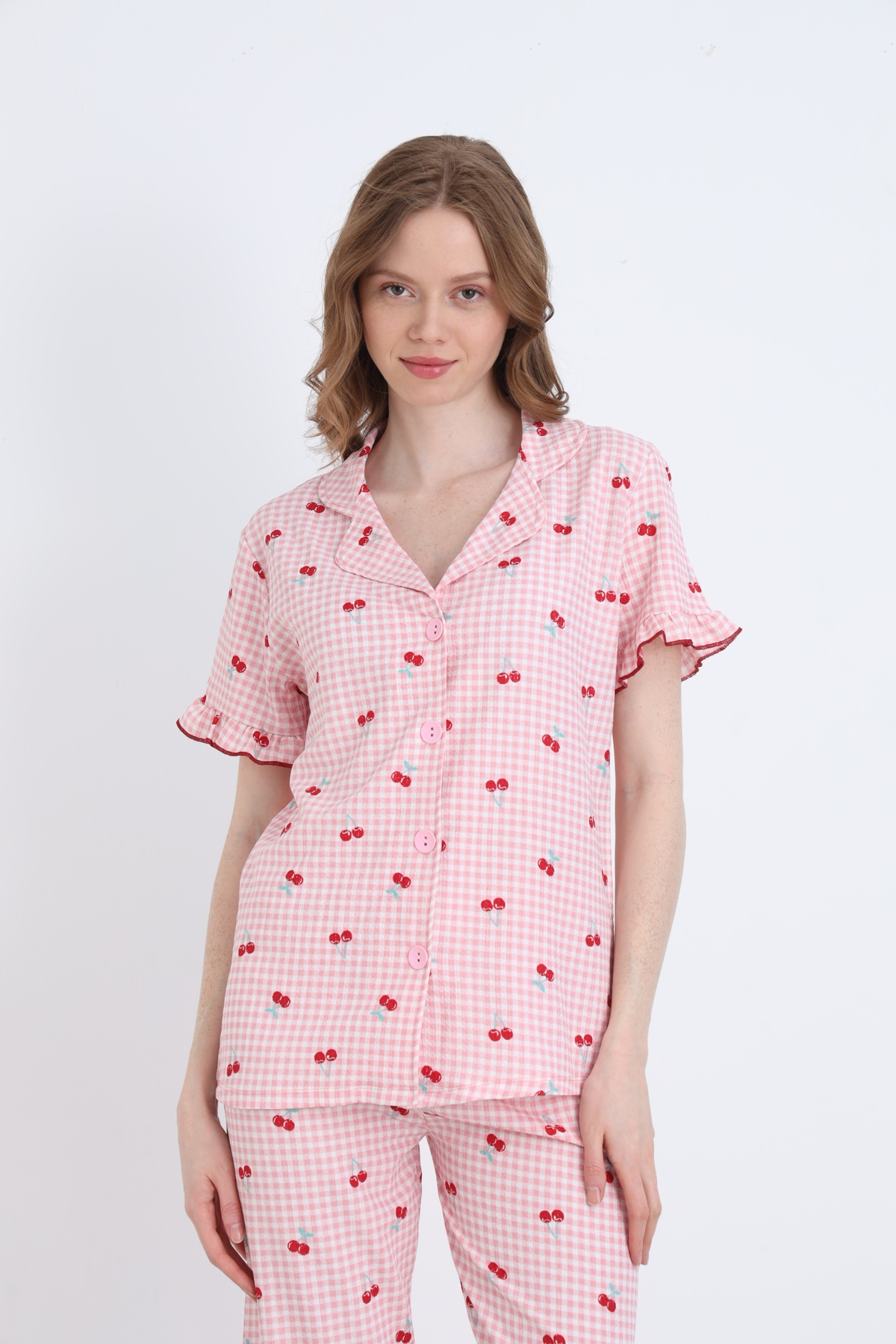 ELİTOL  Bürümcük Örme Kısa Kol Kadın Düğmeli Pijama Takımı - Görsel 2