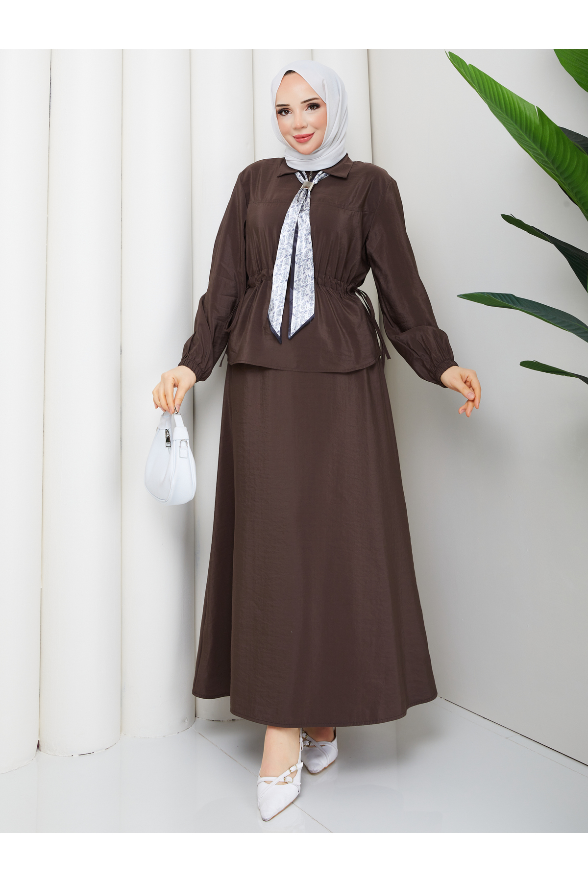 Zippered Lashing Detailed Shirt & Skirt Scarf Hijab Set RC9032