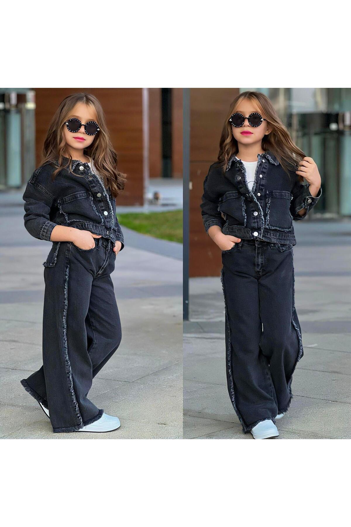 Girl 3 Piece Tassel Denim Jacket Striped Pants Set – Casual & Stylish Outfit 25138 SİYA