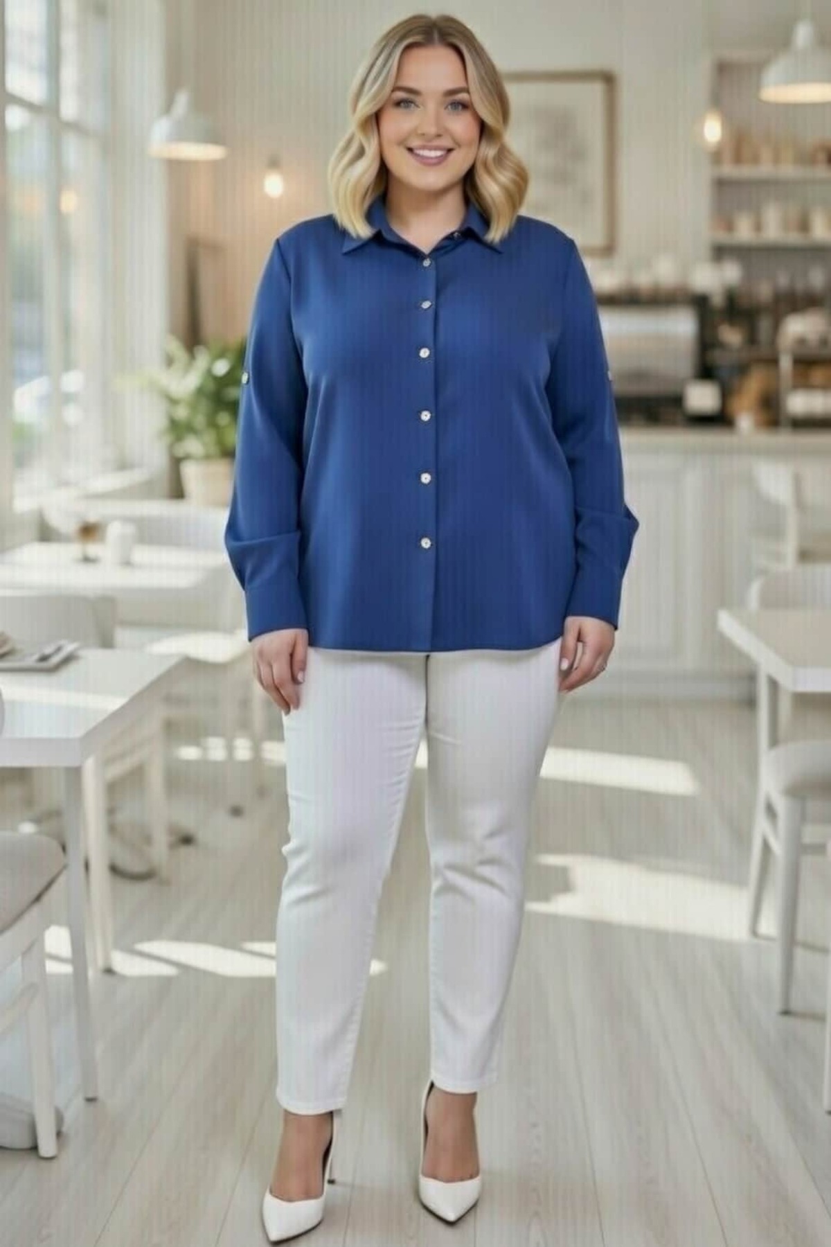 tarzımsüper  Kadın Büyük Beden Aerobin Kumaş Düğme Detaylı Oversize Gömlek - Görsel 2