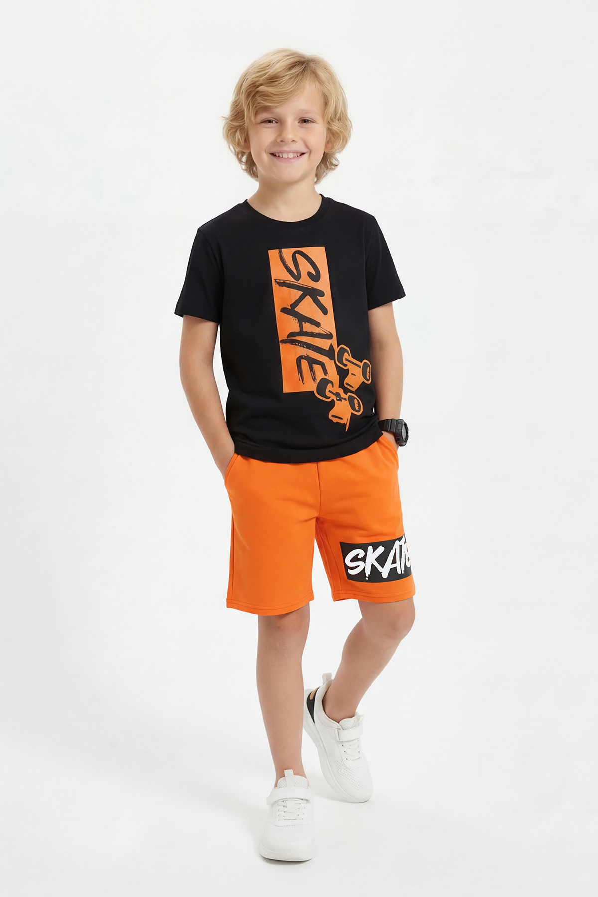 Round Neck Skate Print Detailed Summer Boys' Bottom Top Set
