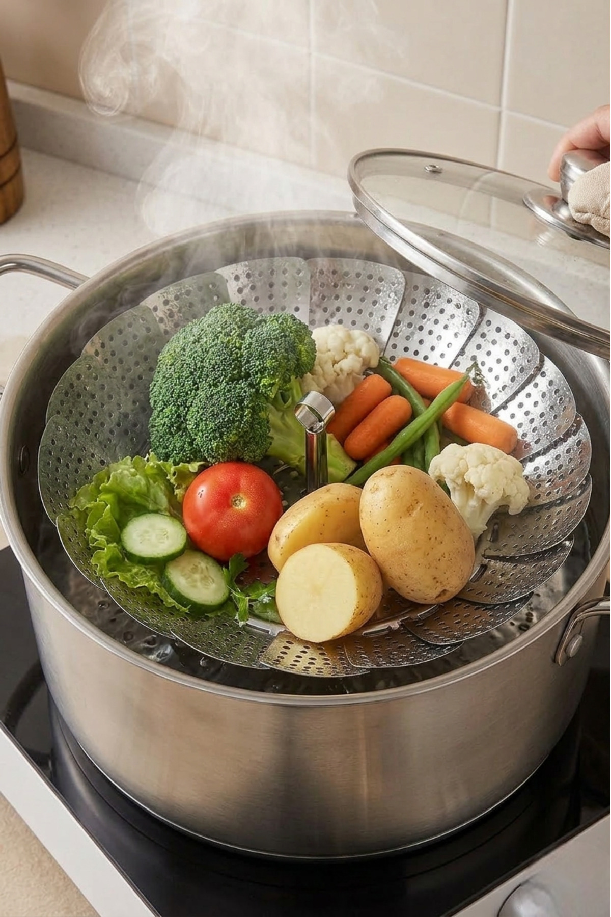 LUDIA Katlanabilir Paslanmaz Çelik Buharlı Pişirici,Geniş Yüzeyli Rende ve Ergonomik Soyacak Seti fotoğrafı 3 (önizleme)