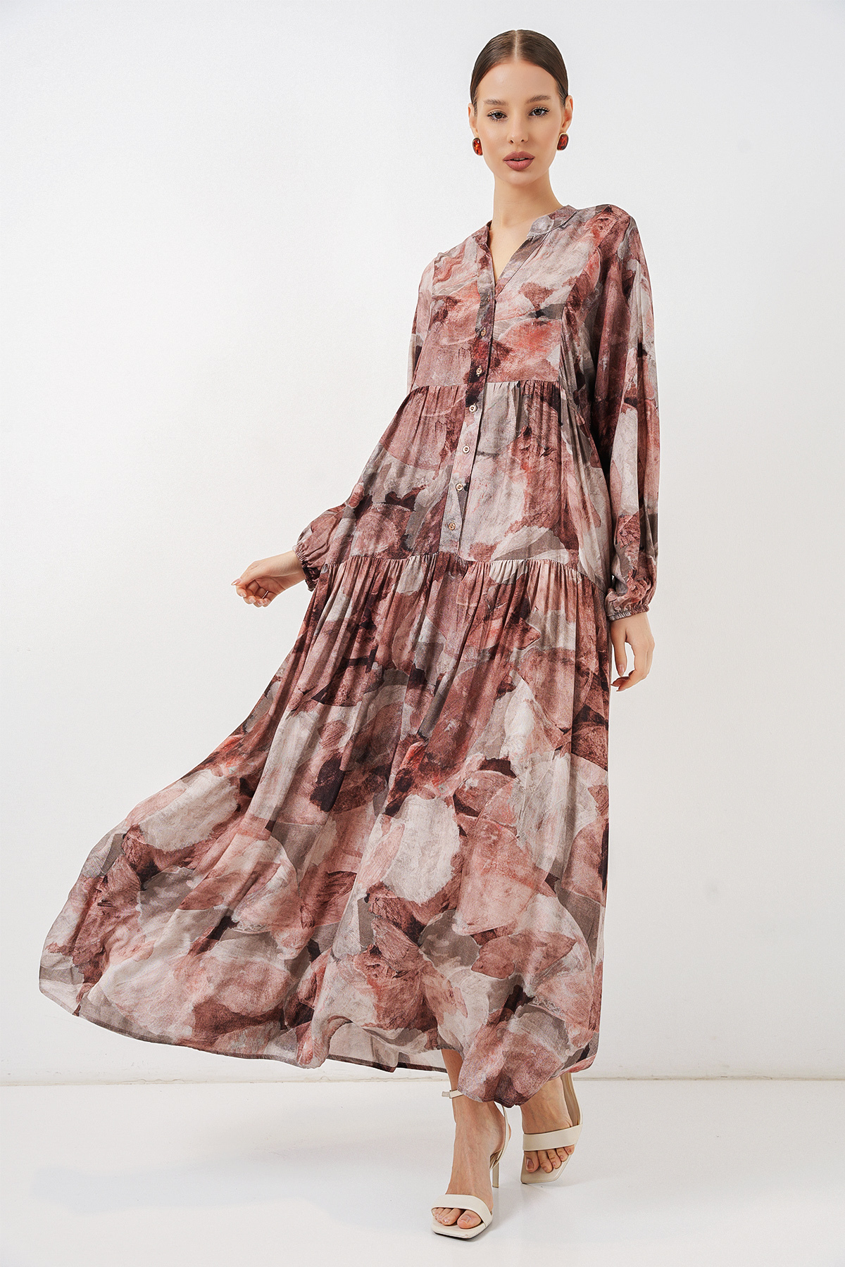 Bigdart  Kadın Desenli Uzun Tesettür Elbise 2585 - D.Gül Kurusu