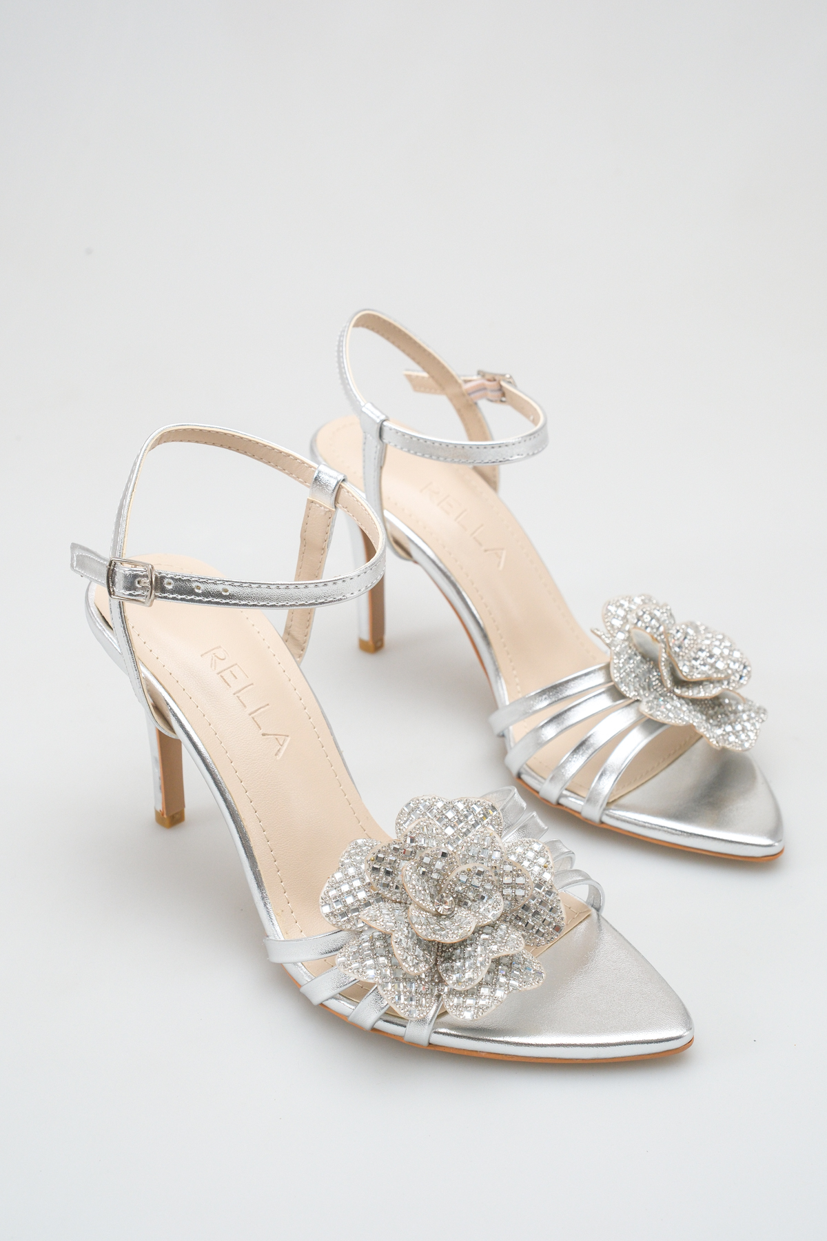 Women's Thin Heeled Evening Sandals with Silver Gemstone Flower Detailed Ankle Tie