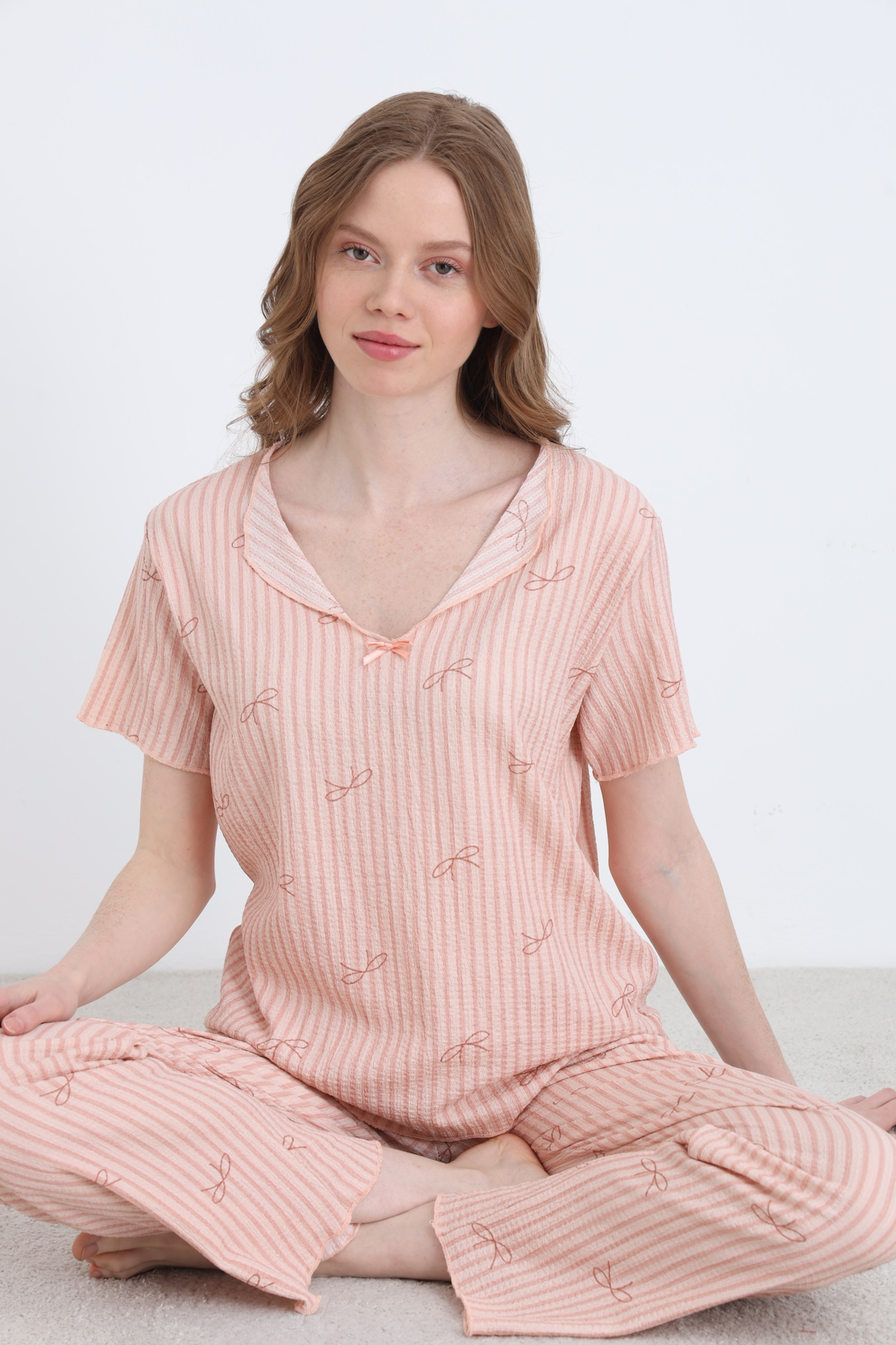 Bürümcük Knitted Short Sleeve Women's V-Neck Pajamas Set
