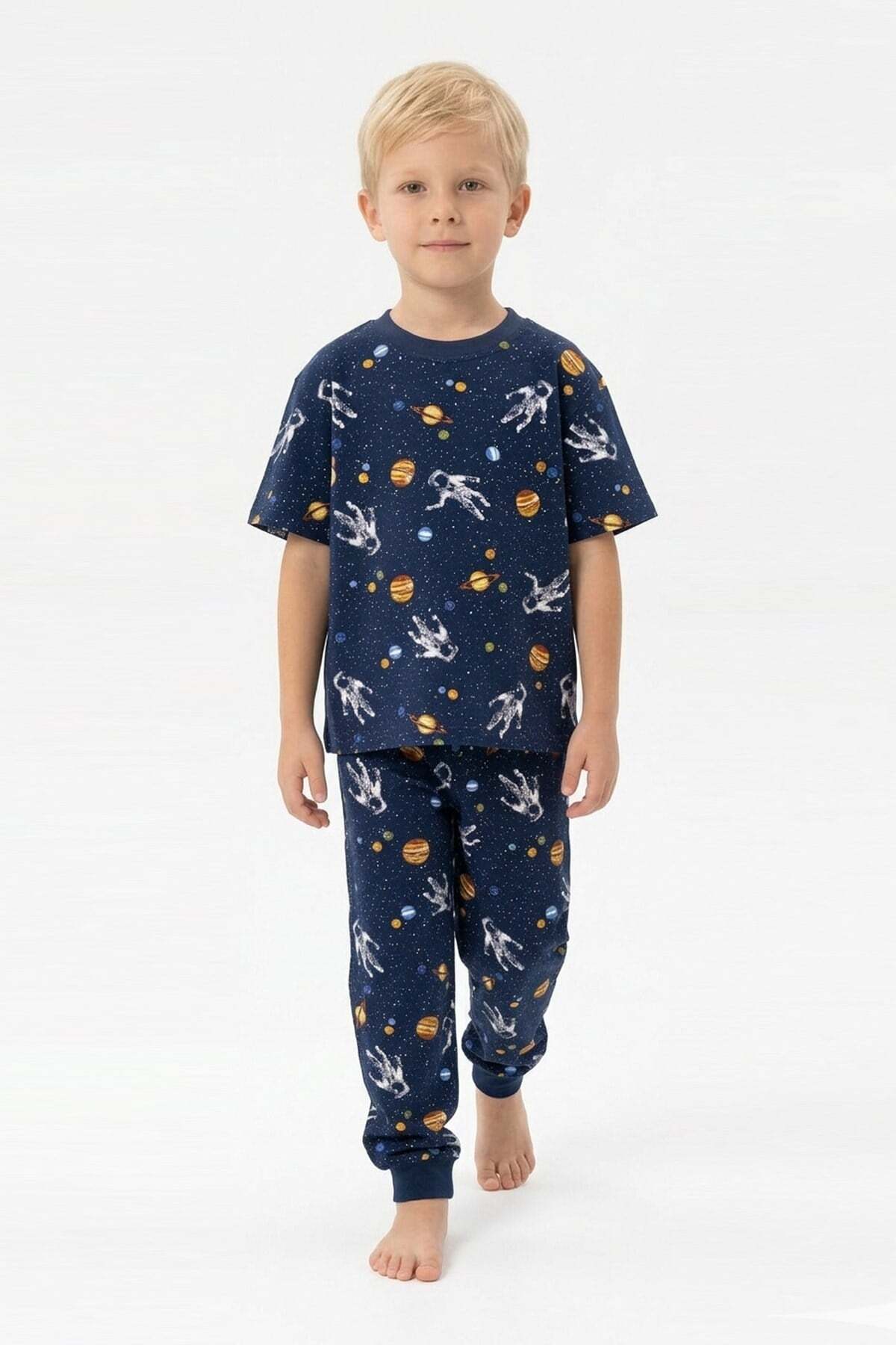 bunny hopp Erkek Çocuk %100 Pamuk Uzay ve Astronot Desenli Pijama Takımı - Kısa Kollu Manşetli Lacivert fotoğrafı 3 (önizleme)