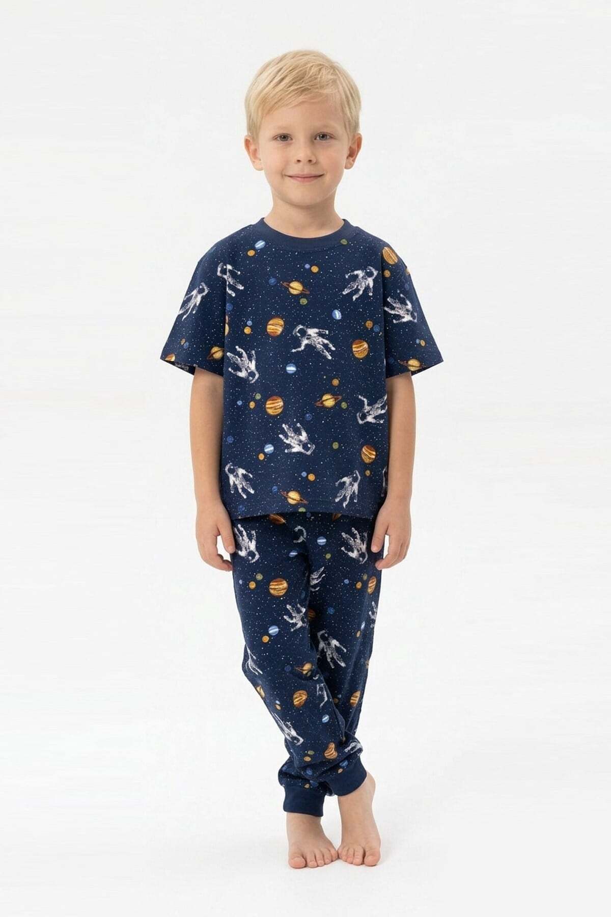 bunny hopp Erkek Çocuk %100 Pamuk Uzay ve Astronot Desenli Pijama Takımı - Kısa Kollu Manşetli Lacivert fotoğrafı 2 (önizleme)