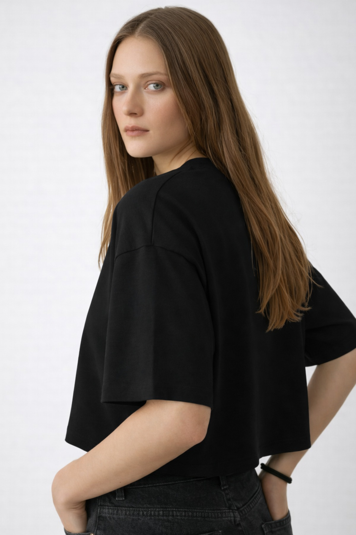 FLAMOVA  KADIN CROP T-Shirt OVERSİZE KALIP %100 PAMUK YUVARLAK YAKA T-Shirt - Görsel 2