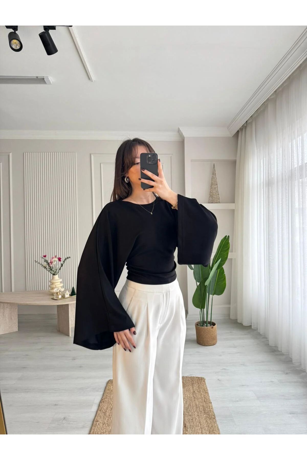 vipelmoda Bisiklet Yaka Belden Oturtmalı Geniş Kollu Bluz