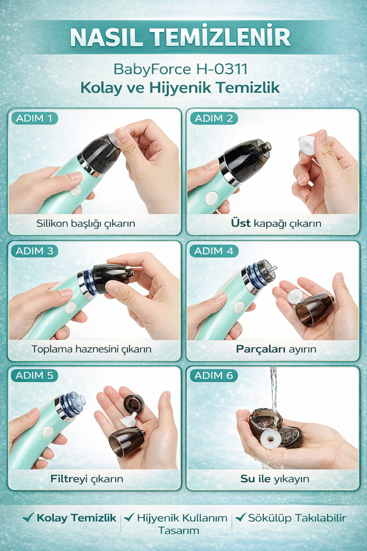 Baby Force BR-8820 0-12 Yaş Şarjlı Bebek Burun Aspiratörü – 5 Kademe Güçlü Vakum fotoğrafı 7 (önizleme)