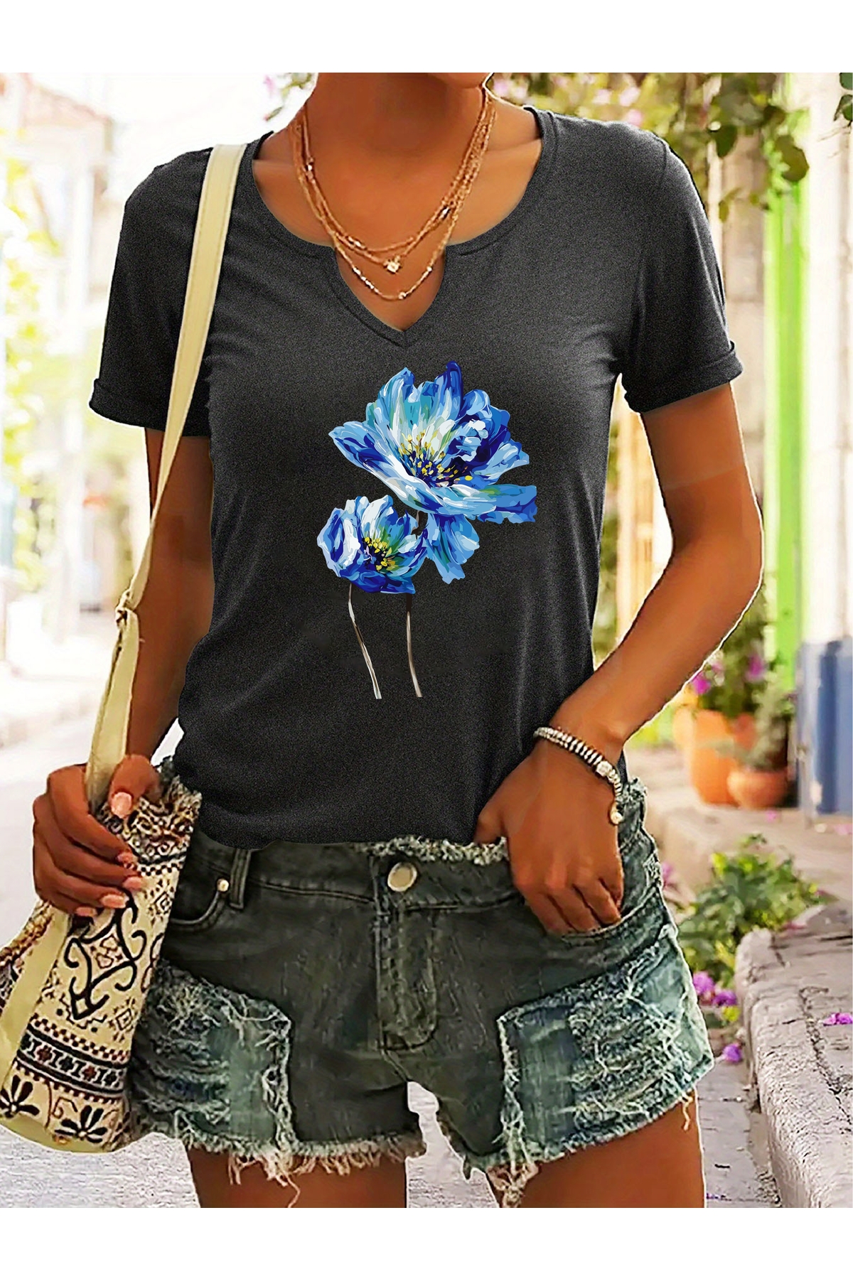 Women's Blue Watercolor Floral Printed Half V-Neck Regular Mold Casual T-shirt