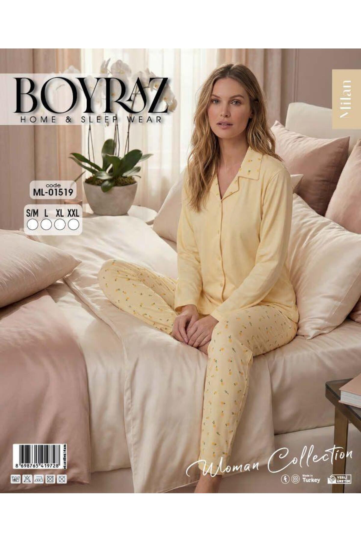 BEYAZTOPTAN White Wholesale Women's Patterned Long Sleeve Pajama Set - Cotton Piece Textured Comfortable Fit Homewear Set