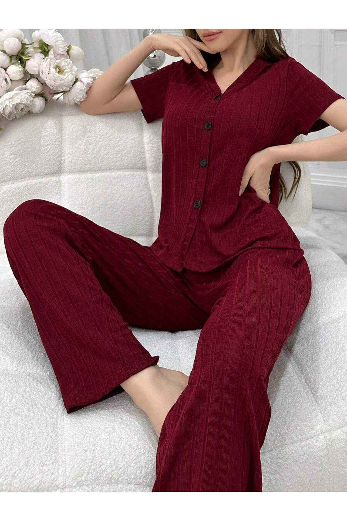 Biraltı Moda Women's Short Sleeve Buttoned Pajama Set of Cotton