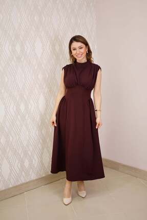 Elzem Boutique Mürdüm Dik Yaka Büzgü Detaylı Maksi Elbise
