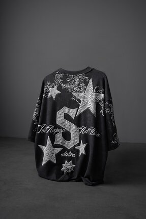 Slatra Erkek Siyah SuperStar Baskılı Oversize Yıkama Efektli Tshirt