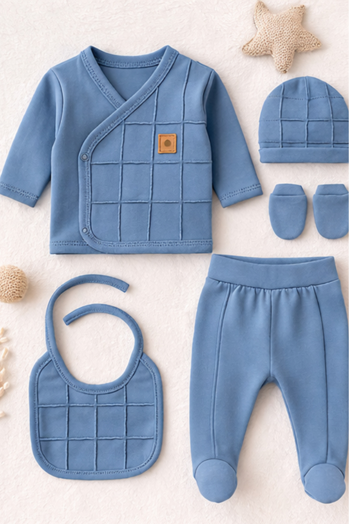 Organic Baby Boy Square Patterned 5-Piece Jumpsuit Newborn Clothing Bib