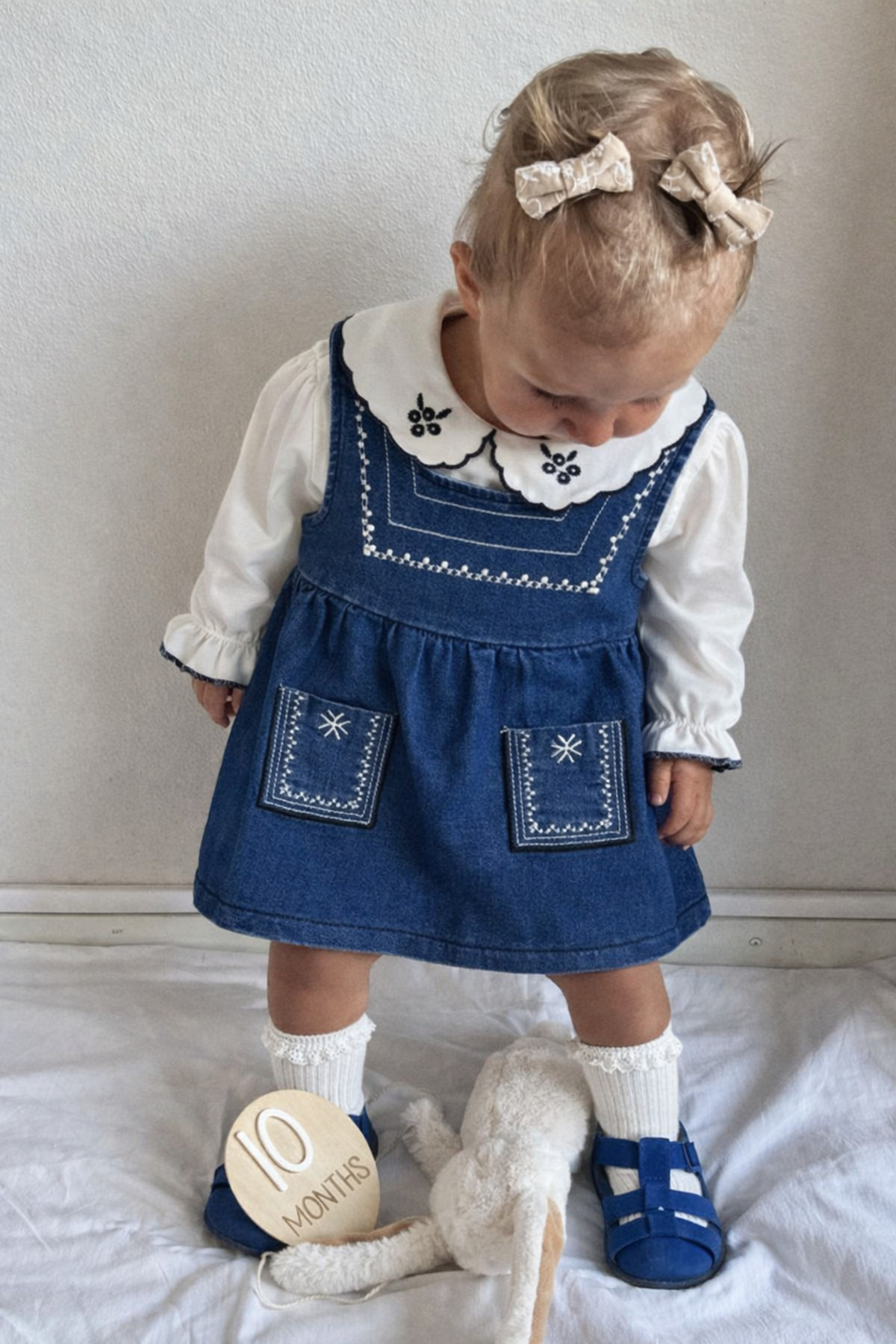 ALAMODECOR %100 Pamuk Kız Bebek Yakası İşlemeli Gömlekli Kot Jean Elbise Bayramlık fotoğrafı 4 (önizleme)