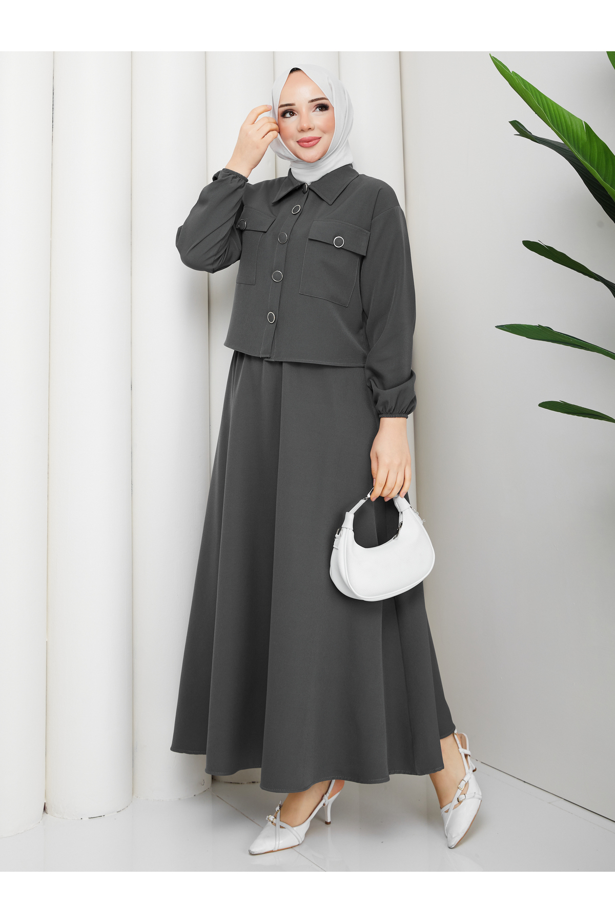 MİHRİZAR Hürrem Double Fabric Button Detailed Stylish Hijab Skirt Jacket Double Set
