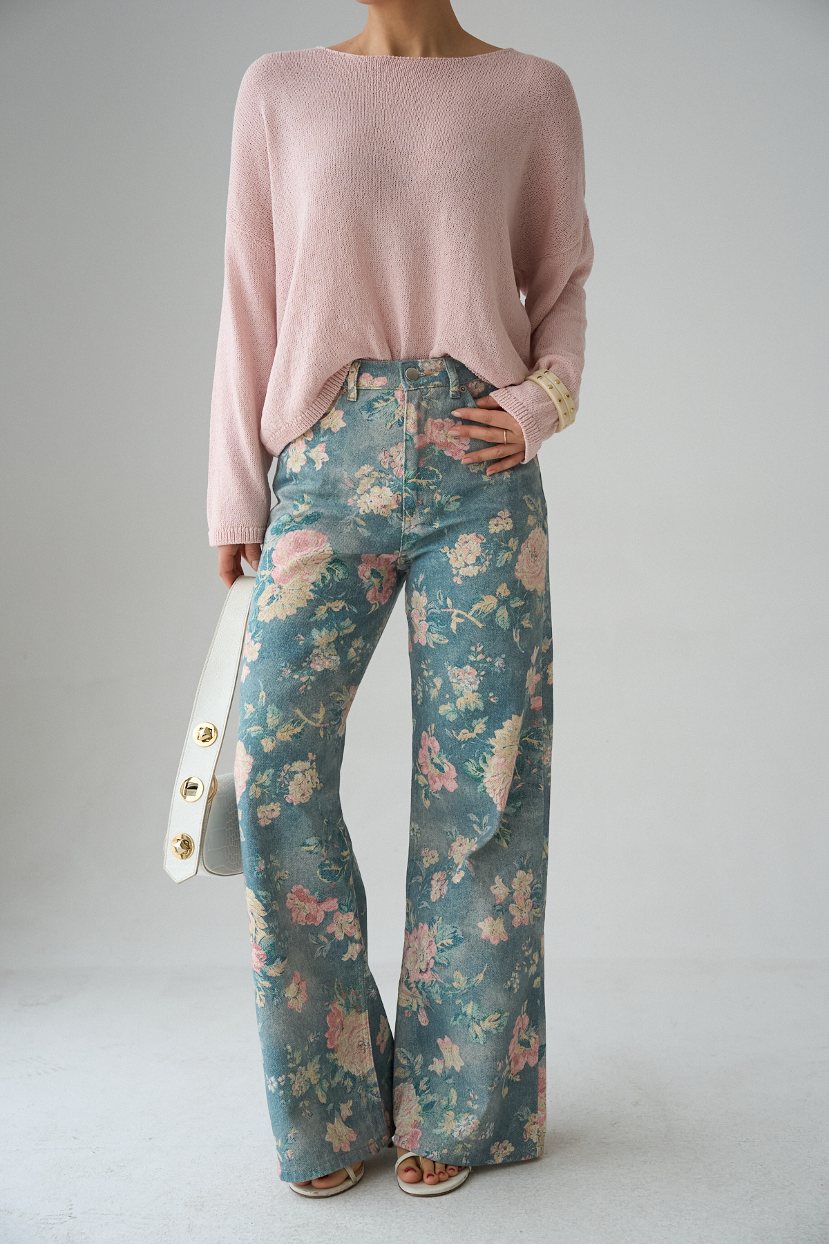 Imported Fabric Ethnic Patterned High Waist Wide Leg Jean Jeans