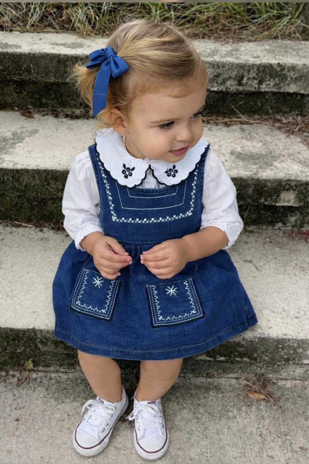 ALAMODECOR %100 Pamuk Kız Bebek Yakası İşlemeli Gömlekli Kot Jean Elbise Bayramlık fotoğrafı 3 (önizleme)