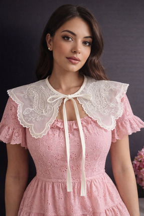 CROCUS DESIGN Şal desen tül beyaz geniş yaka
