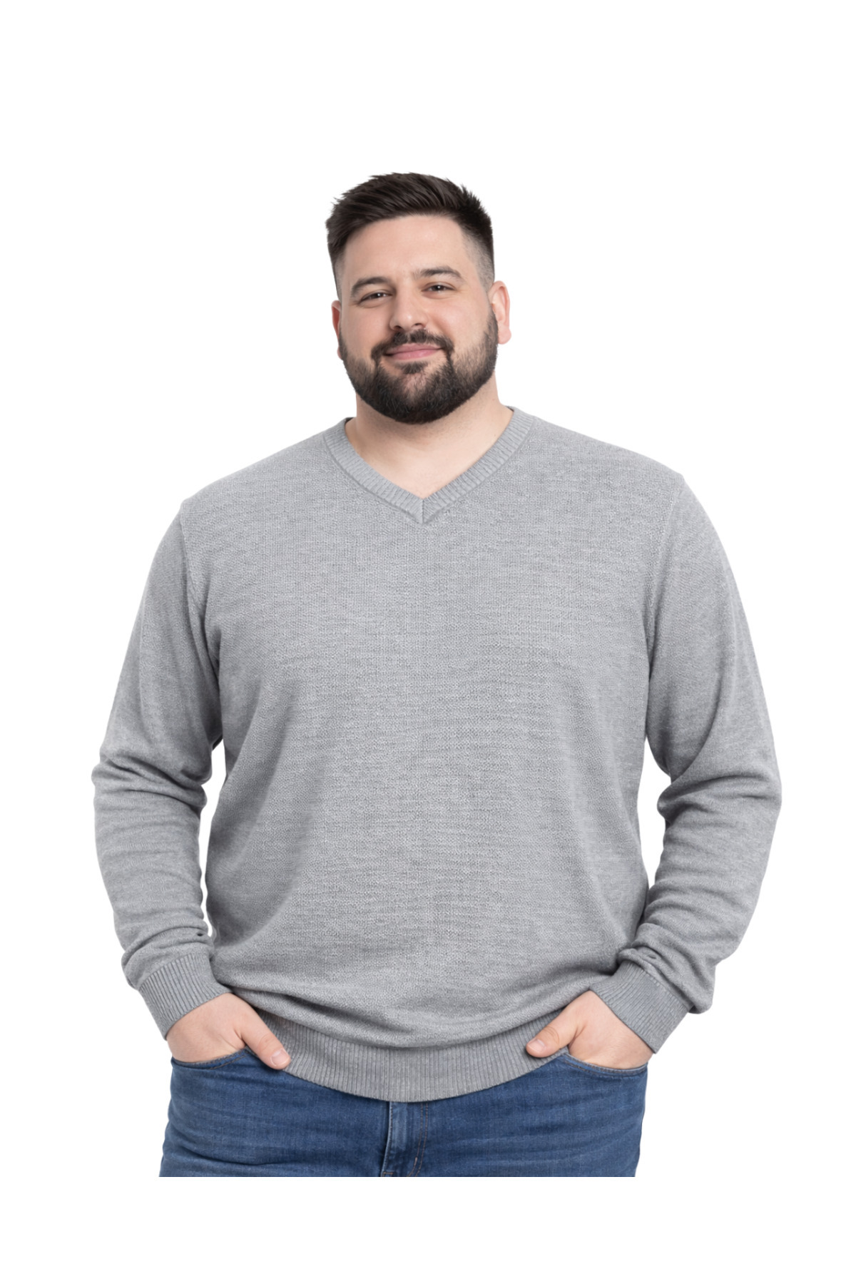 BattalModa Erkek Büyük Beden Gri V Yaka Triko Kazak 3XL-4XL-5XL-6XL